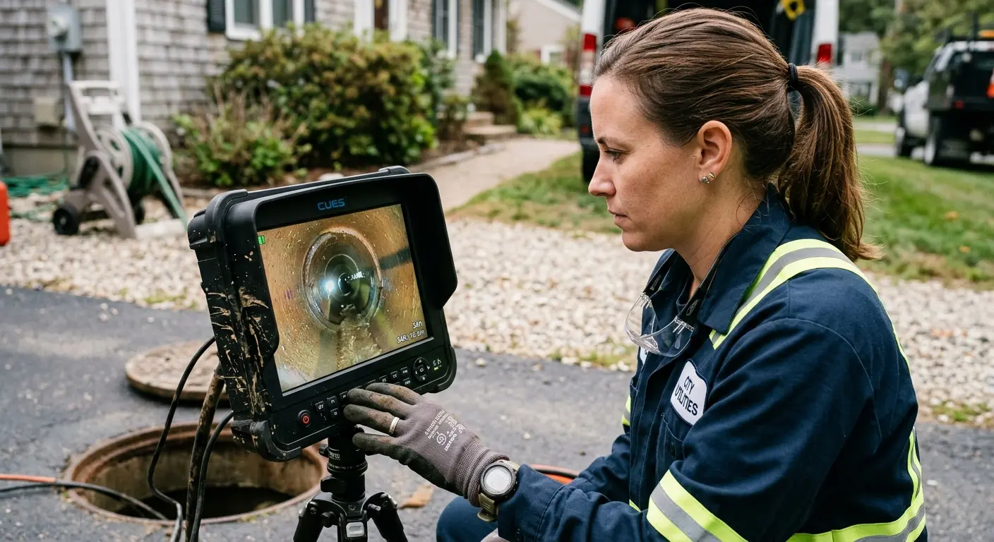 Technician reviewing sewer camera inspection footage in Riverdale