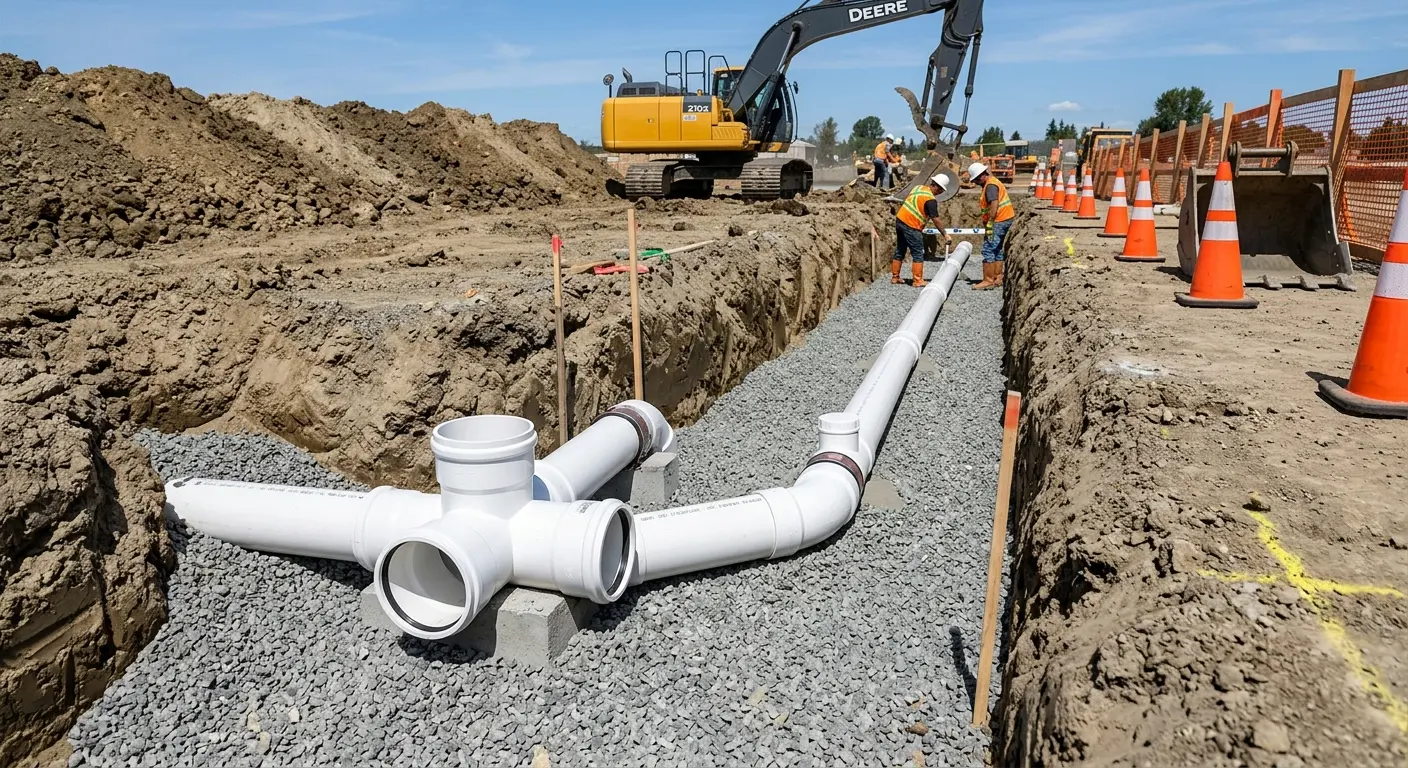 New PVC sewer pipe installation in open trench for Commercial Drain Cleaning in Riverdale